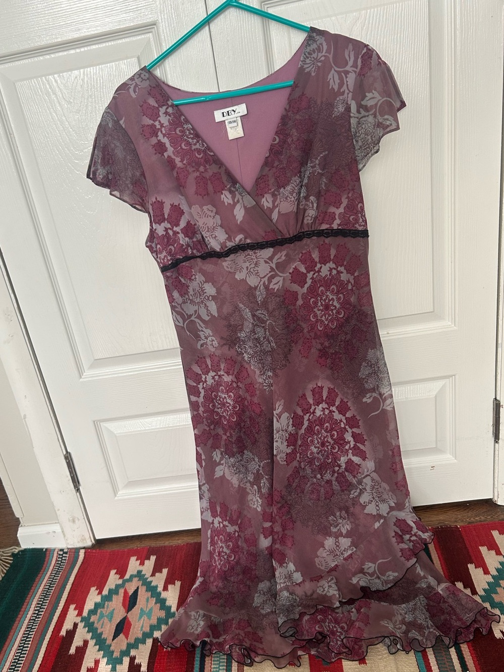 Y2K Floral Lace-Trim Purple Midi Dress